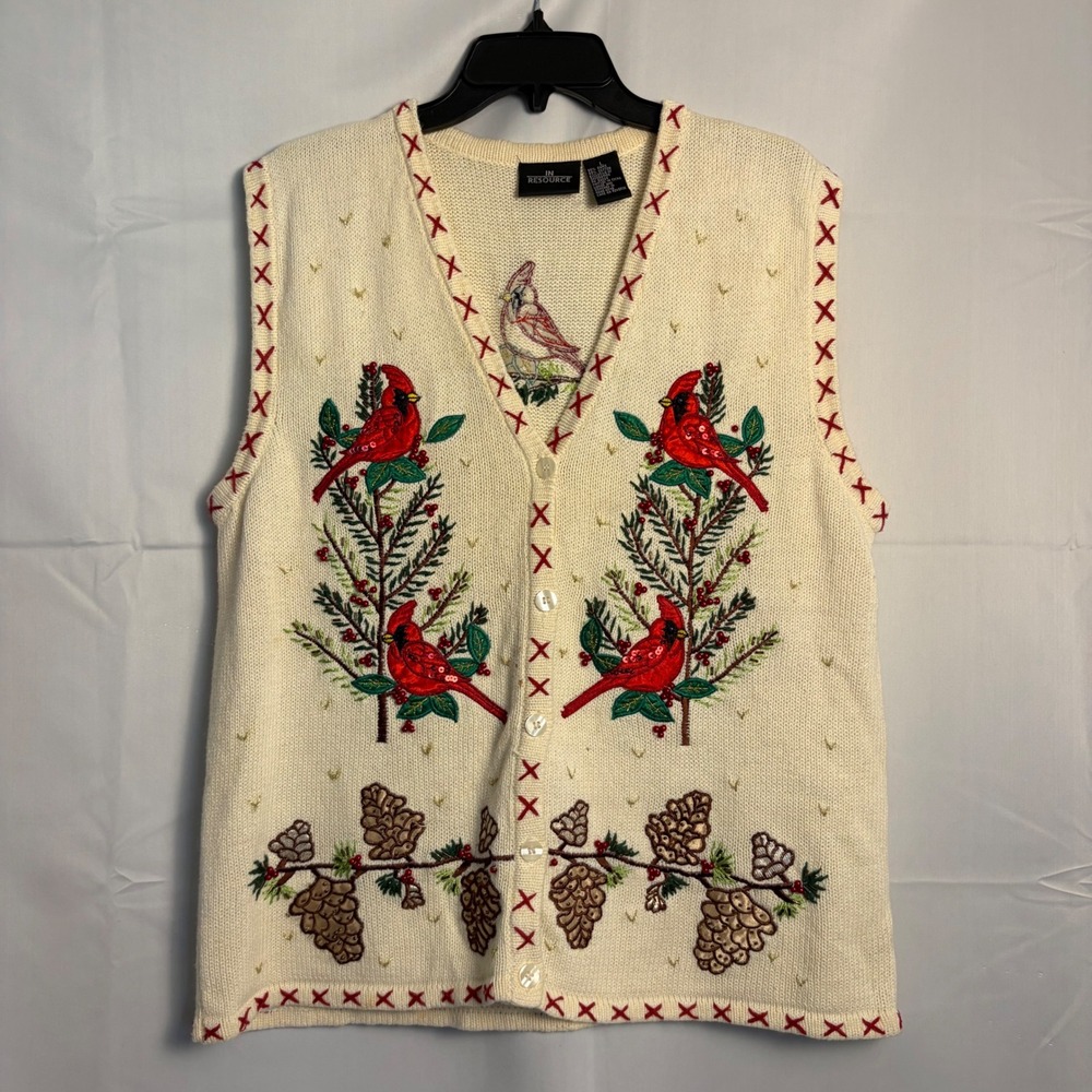 In Resource Vintage Cardinal Knit Sweater Vest Cream Red Embroidery Sequin Large